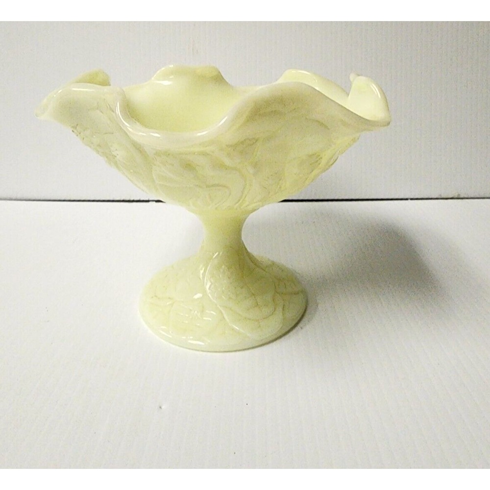 Vintage Fenton Yellow  Water Lilly Scalloped Edge Compote on Pedestal
